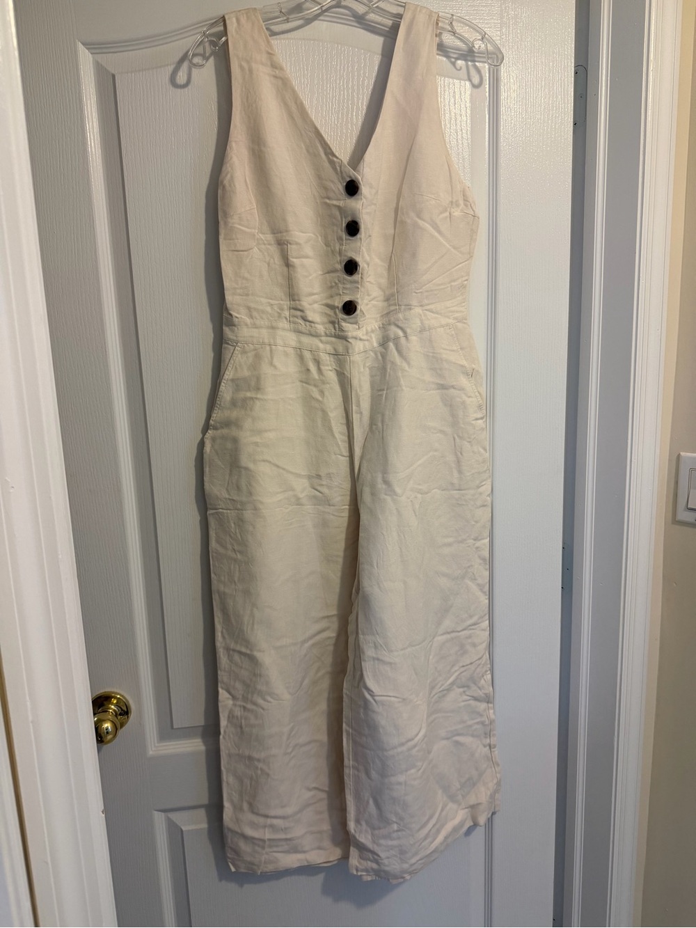LOFT Cream V-Neck Button-Front Wide-Leg Jumpsuit